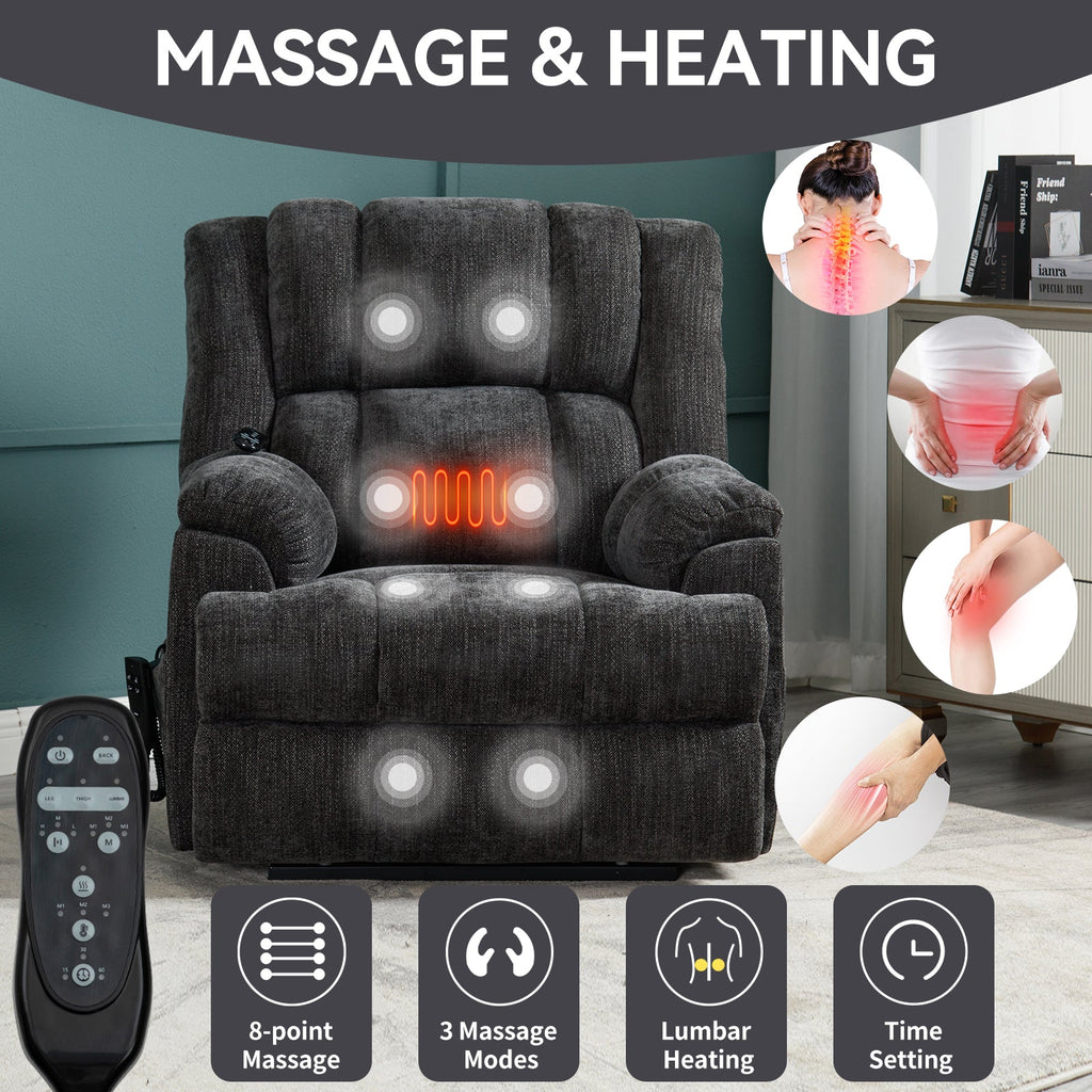 Dual Motor Heat Massage Infinite Position Up to 350 LBS Electric Power Lift Recliners with Power-Remote, Medium-firm and Heavy Duty, Grey