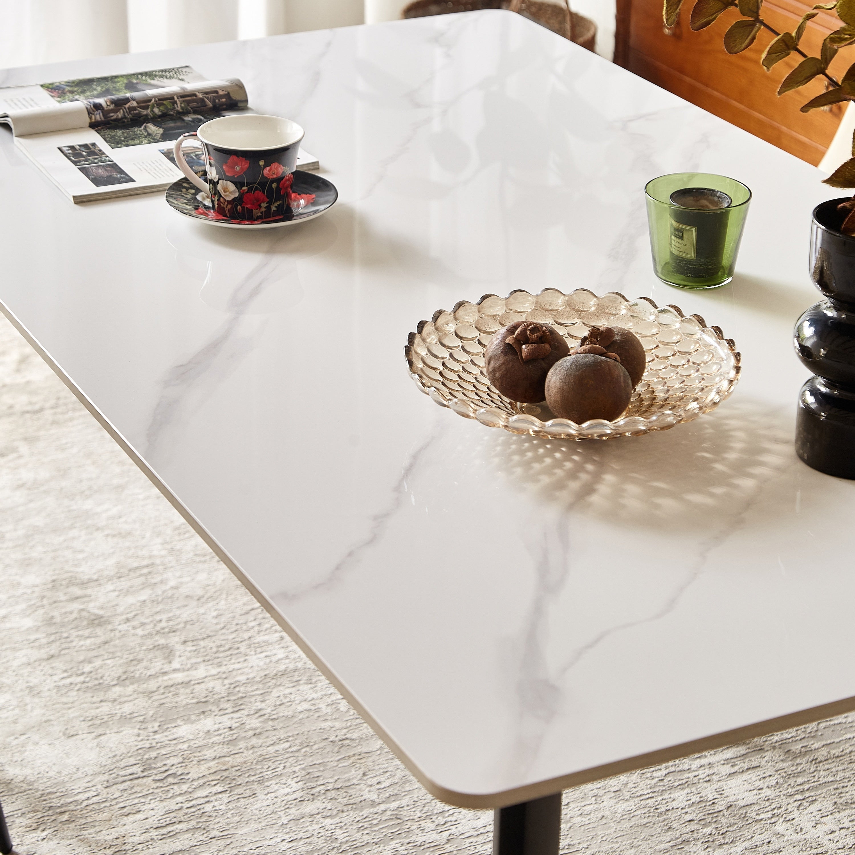 Mid Century Modern Dining Table 55 Inch Round White Sintered Stone Top Heavy Duty Metal Legs Waterproof Surface for Kitchen Dining Room or Office Furniture