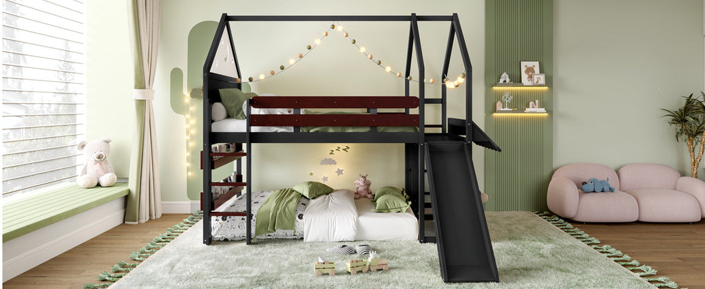 Full Size Loft Bed with Bookshelf Playful Design for Kids House-Shaped Structure with Slide High-Quality Safety Rails,Black.