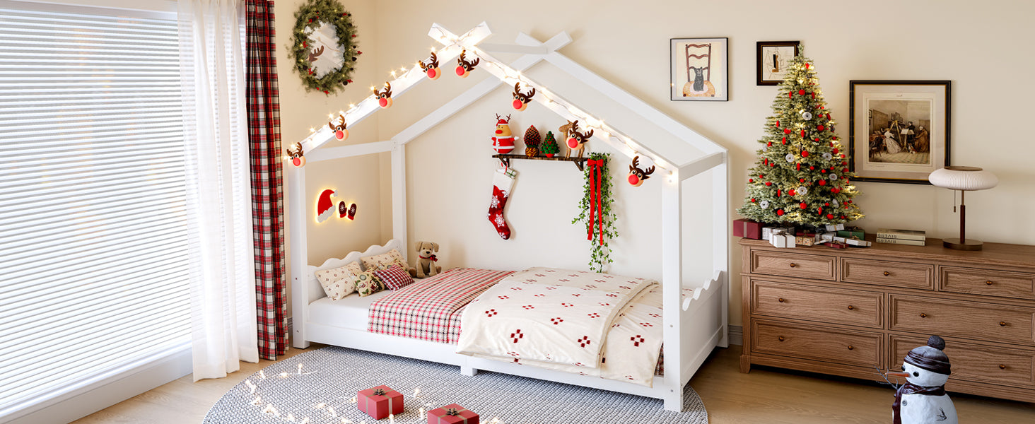 Twin House Floor Bed with Support Slats, Solid Wood House Bed Frame for Kids, No Box Spring Needed and Opening Constructure, White