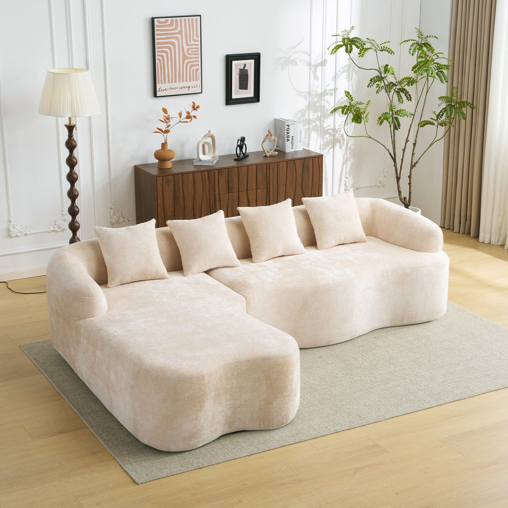 Full Compression L-Shape Sectional Sofa with Curved Chaise, Beige Modular Chenille Couch, High-Density for Apartment Living Room