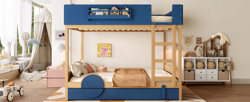Queen Bunk Bed with Trundle , Wood Bunk Bed Frame with Built-in Bookshelf and High-quality Safety Guardrail,Automobile Form Design for Kids ,Blue＆Natural