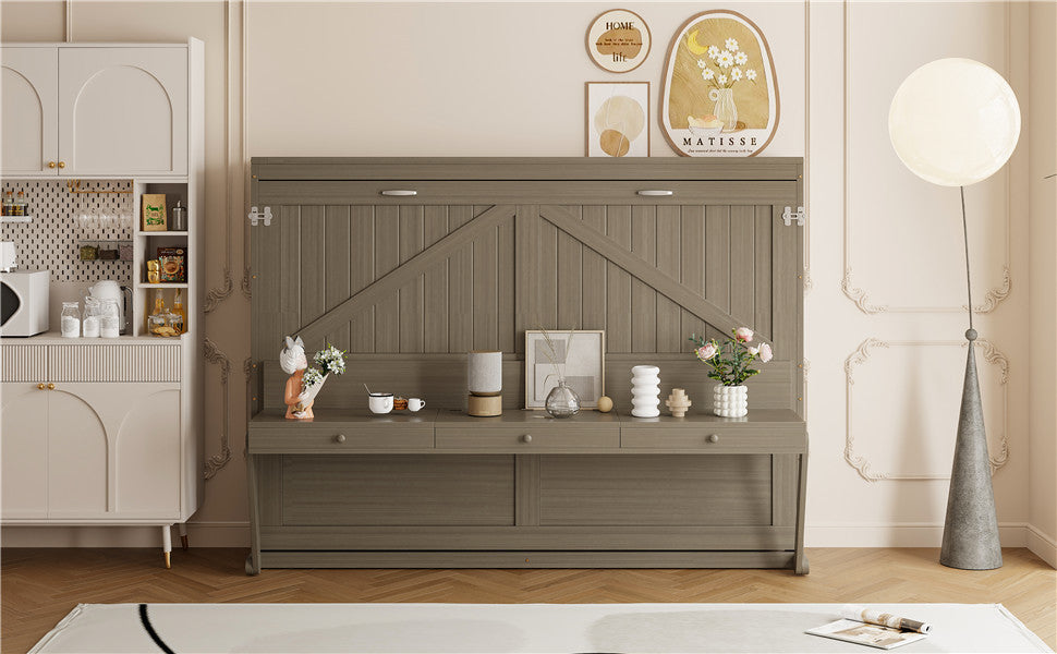 Queen Size Wall Murphy Bed with Storage, Foldable Cabinet Bed with Vanity Desk, Center Mirror & 2 Side Drawers, Distressed Gray