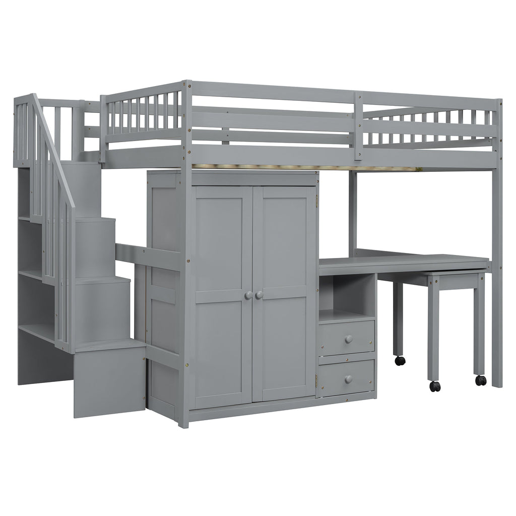 Full Size Loft Bed with Stairs, Bookshelf, Drawers, Desk & Wardrobe – Space-Saving Multifunctional Furniture for Kids & Teens-Gray
