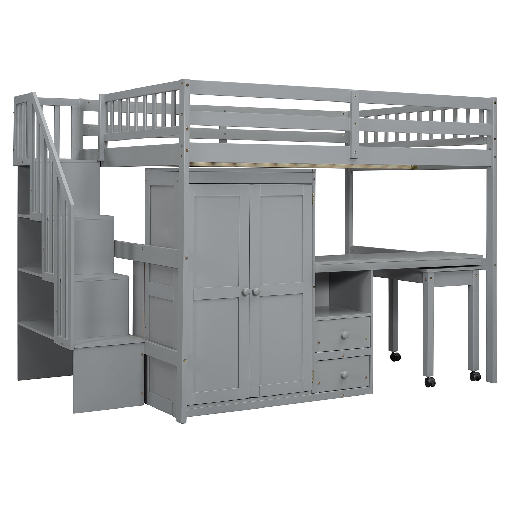 Full Size Loft Bed with Stairs, Bookshelf, Drawers, Desk & Wardrobe – Space-Saving Multifunctional Furniture for Kids & Teens-Gray