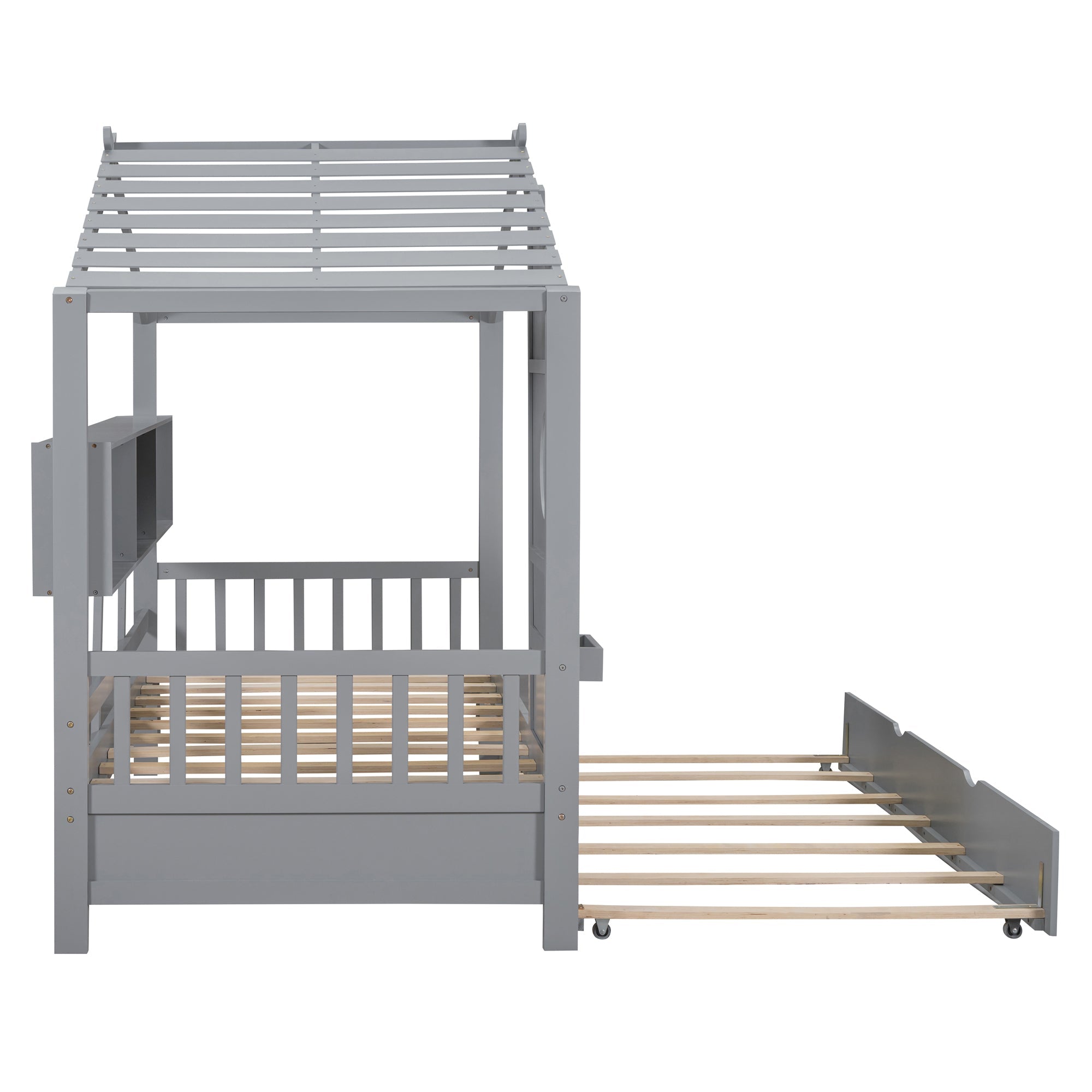 Wooden Twin Size House Bed With Trundle, Modern Design for Kids with Storage Shlef, Gray(old SKU HL000094AAE)