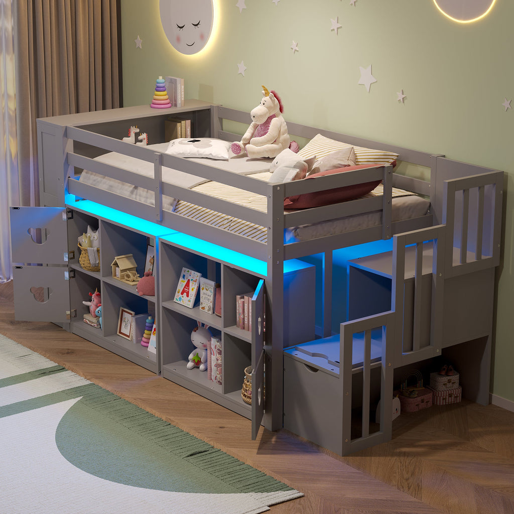 Kids Twin Loft Bed with Storage Cabinets, Staircase Drawers & LED Lights – Solid Wood Low Loft Bed with Shelves, Guardrails, and Fun Bear Handles – Space-Saving Design for Boys & Girls Bedroom