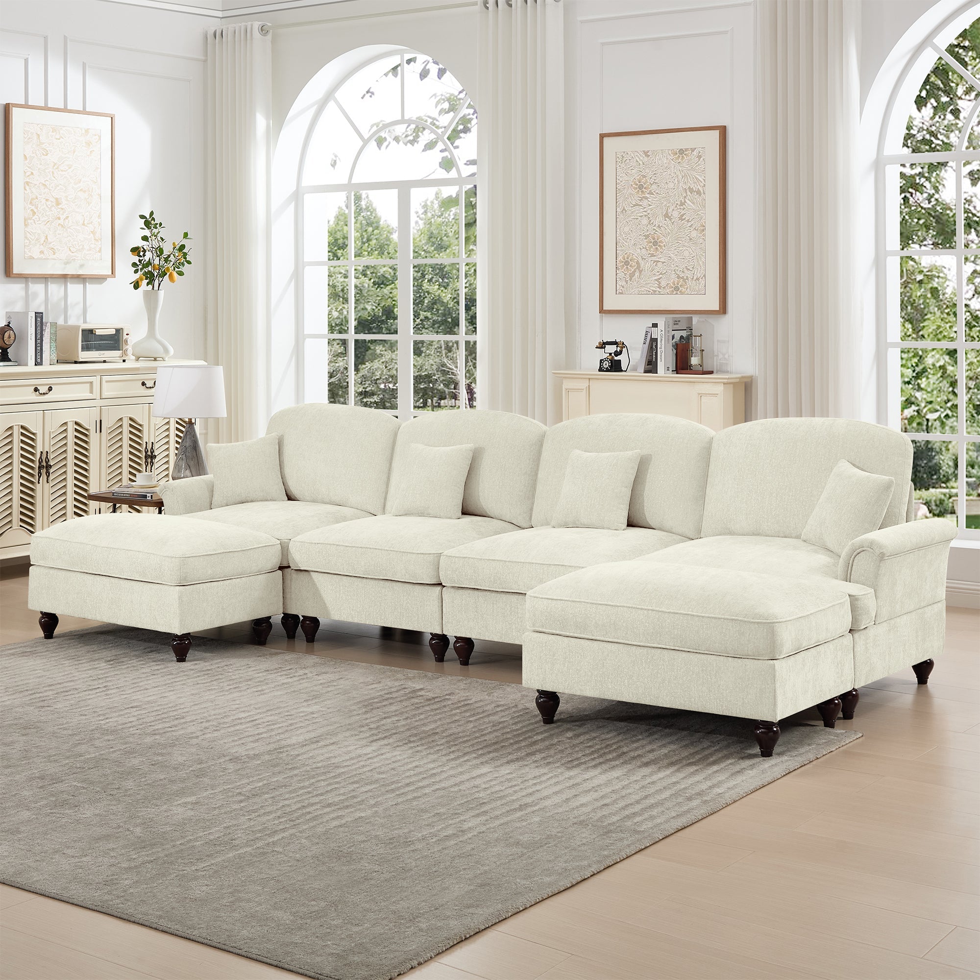 Classic U Shape 4 Seater Modular Sectional Sofa Couch with Flared Arms and Removable Ruffles Pleats Skirts and Spindle Legs, Chenille Deep Seat Cloud Sofa with Movable Ottomans, Beige White