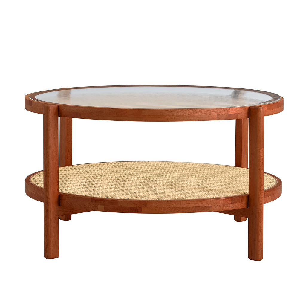 Modern minimalist circular double-layer solid wood coffee table, craft glass tabletop, second layer material: PE rattan, solid wood frame. 34.6 '* 34.6' * 17.7''