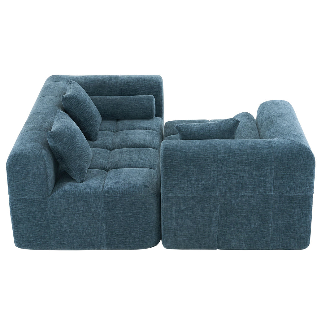 Modern Modular Sofa with Deep Seating, Two Side Pockets, and Plush Pillows in Blue Chenille Fabric, 101.2'