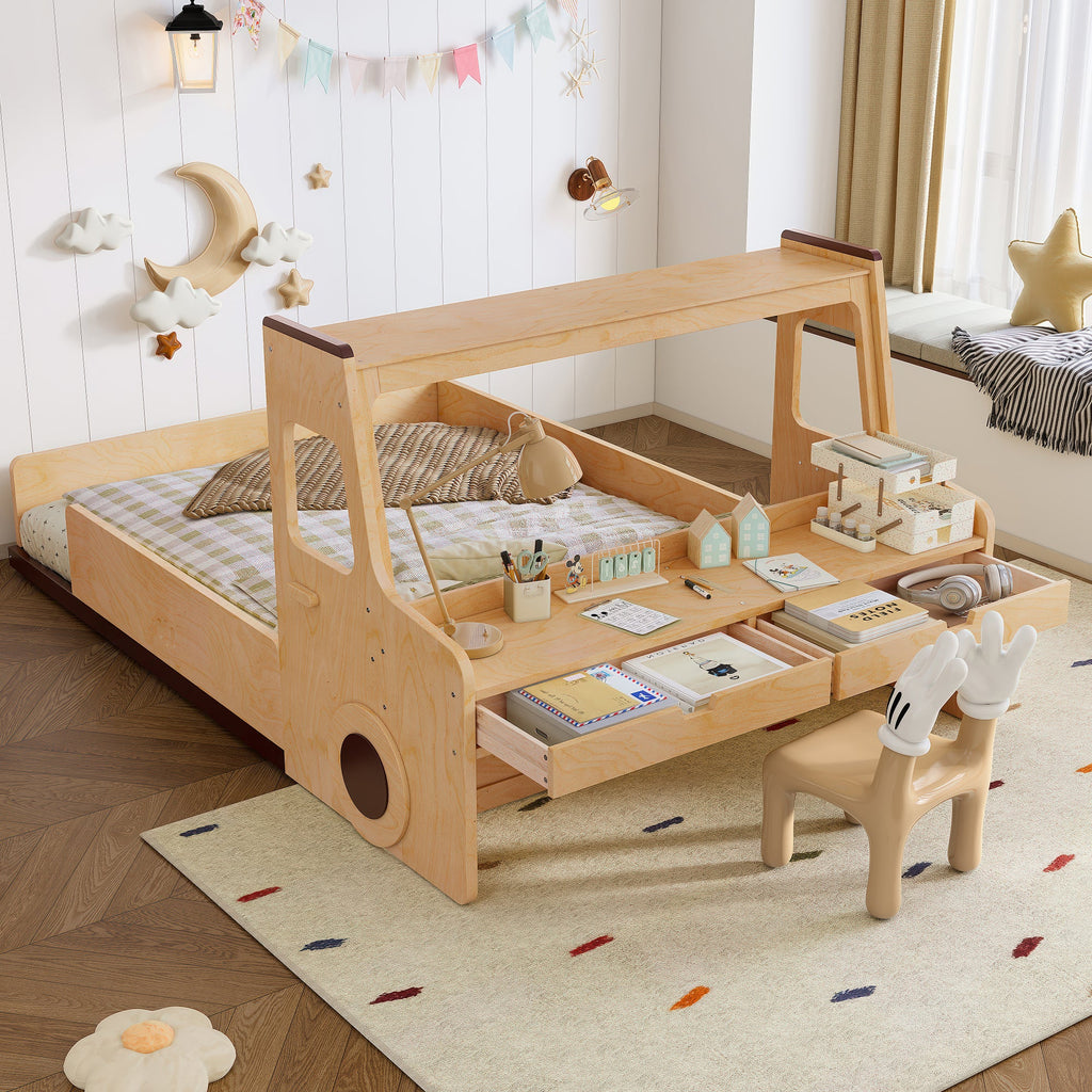 Full Size Floor Bed with Interesting Car-shape Design, Kids Car Floor Bed with Storage Drawers, Window, and Desk, Childlike Design, Natural