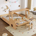 Full Size Floor Bed with Interesting Car-shape Design, Kids Car Floor Bed with Storage Drawers, Window, and Desk, Childlike Design, Natural
