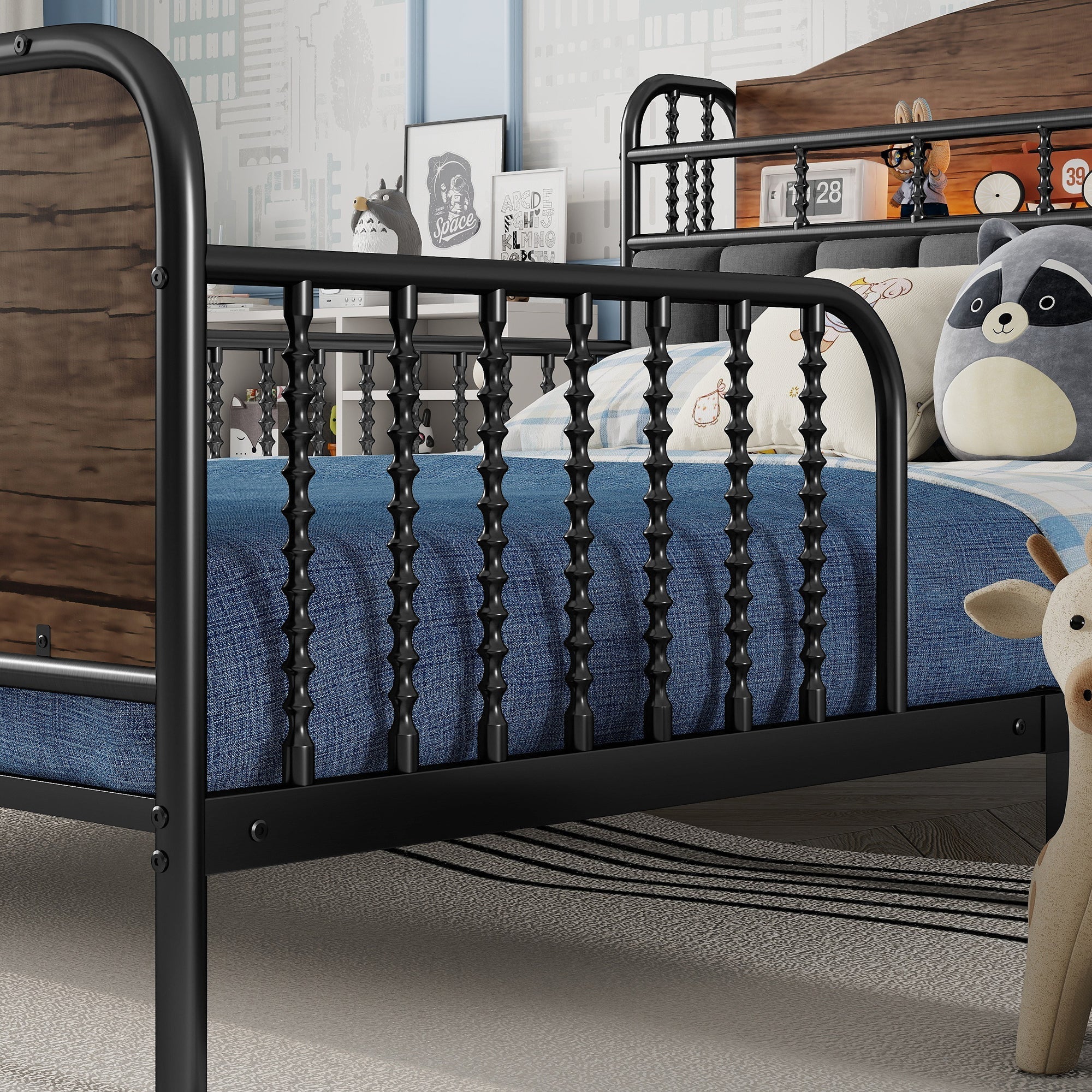 Full Size Metal Platform Bed Frame with Light, Kids Full Metal Bed with Upholstered and Storage Headboard, Black (Expect Arrival Date 2025/10/5)