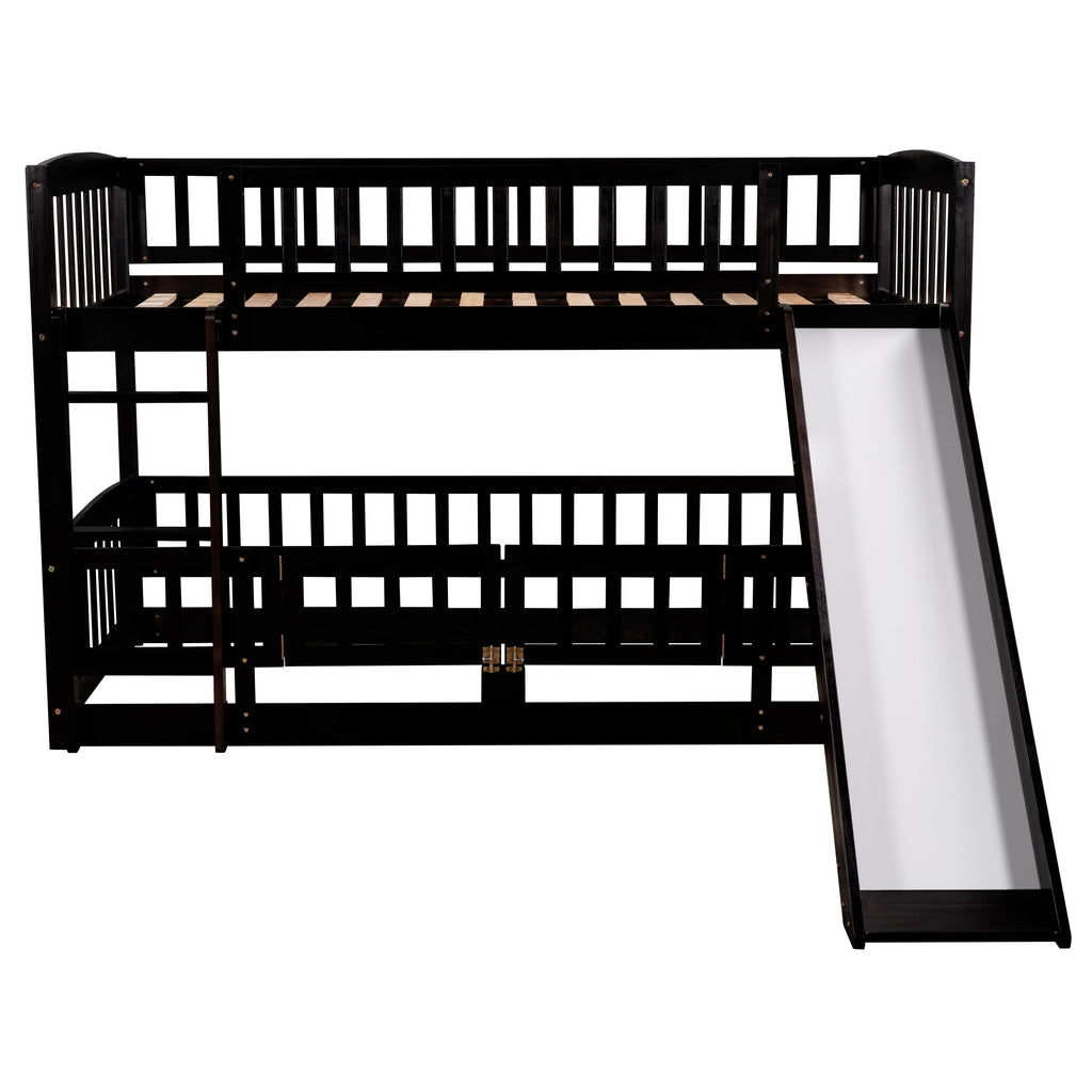 Bunk Bed with Slide,Twin Over Twin Low Bunk Bed with Fence and Ladder for Kids Teens Espresso