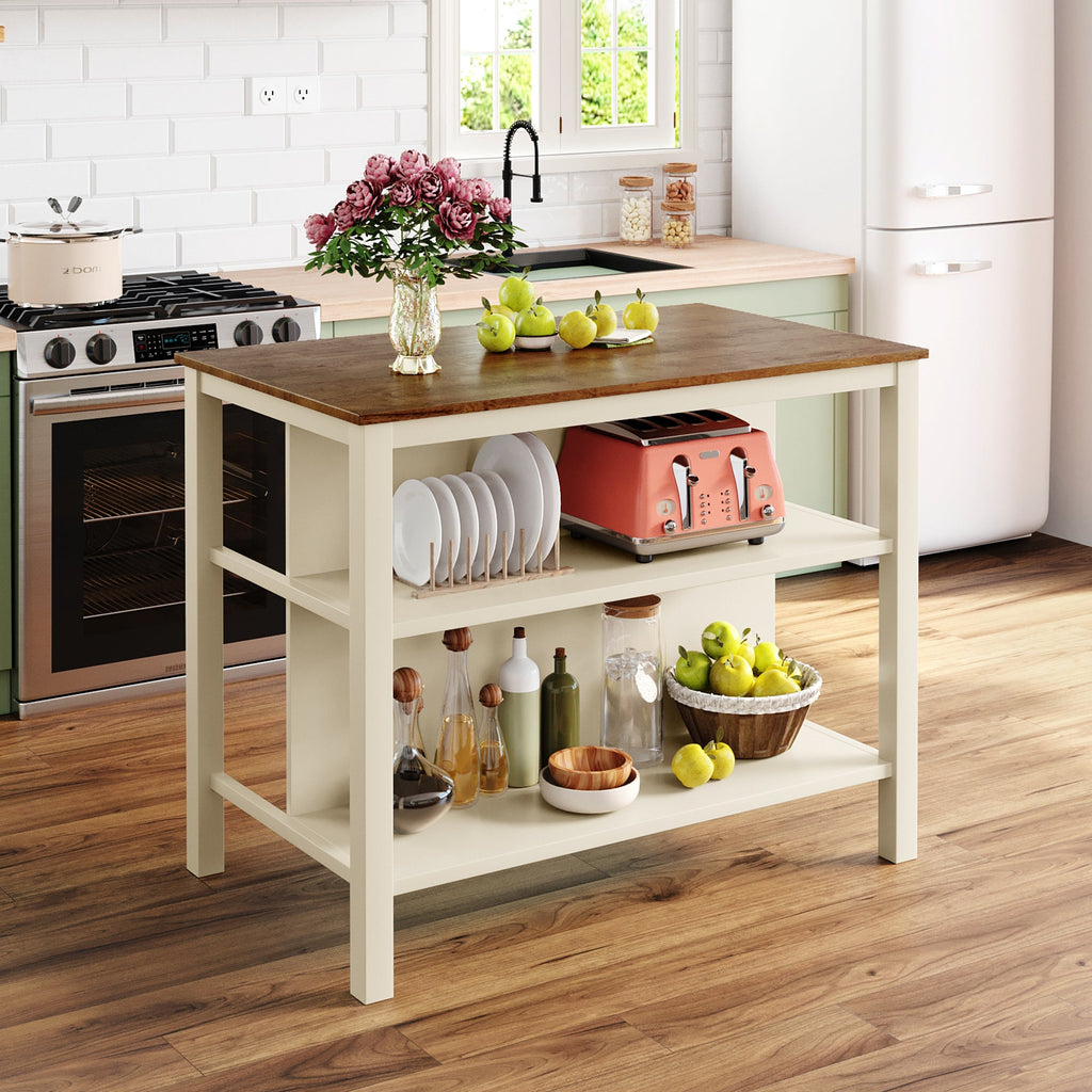 TOPMAX Rustic 3-piece Stationary Kitchen Island Set with Butcher Block and Seating, Walnut and Cream White