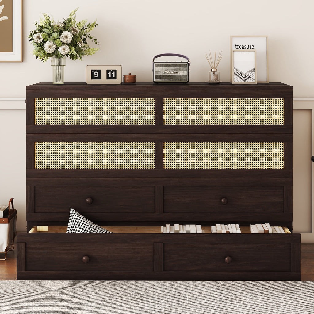 Queen Size Murphy Bed, Pine Wood Cabinet Bed with Rattan Decoration and Storage Drawer,Espresso