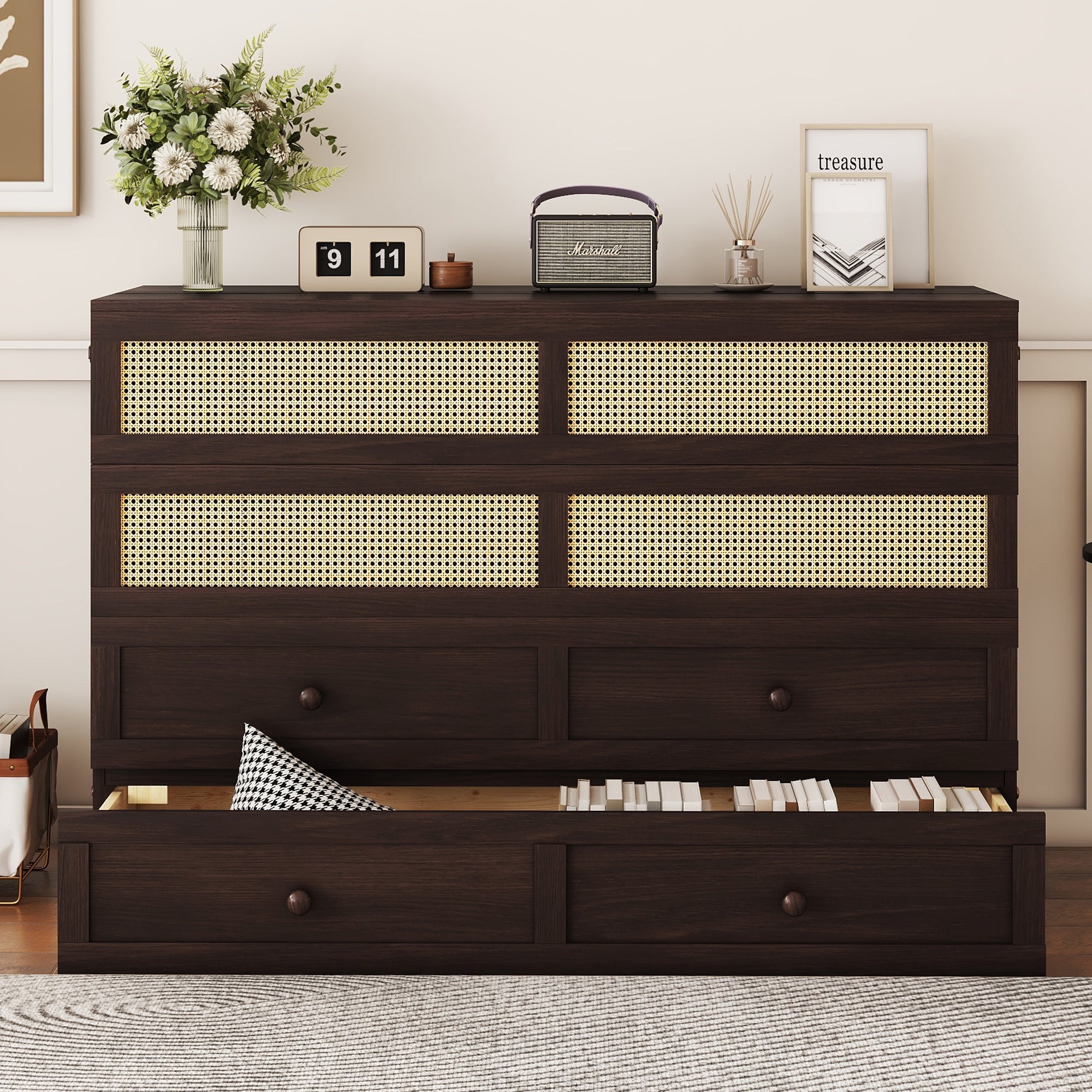 Queen Size Murphy Bed, Pine Wood Cabinet Bed with Rattan Decoration and Storage Drawer,Espresso