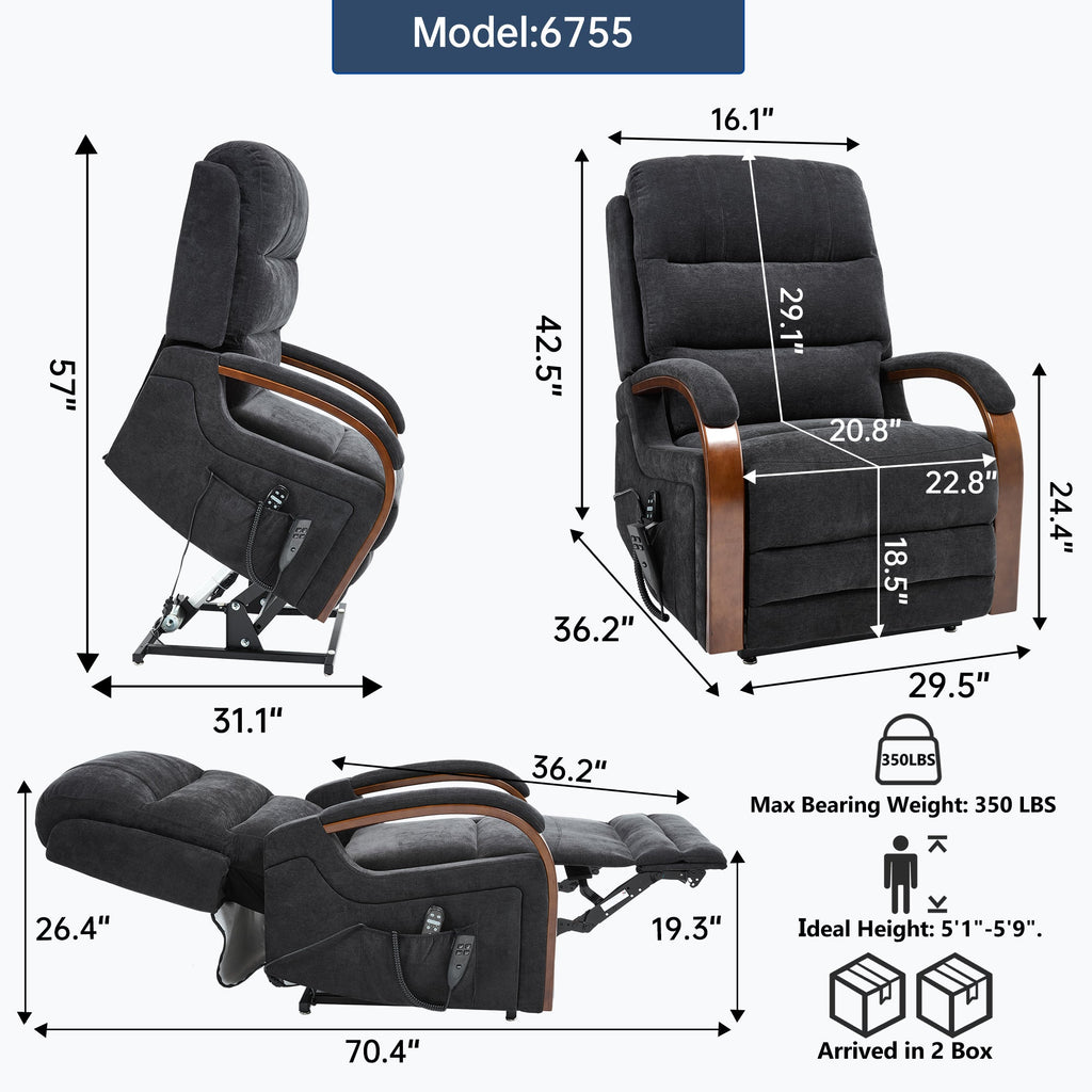Power Black Chenille Lift Recliner Chair Dual Motor Infinite Position Up to 350 LBS with Solid Wood Armrests, Heat Massage and Heavy Duty Motion Mechanism
