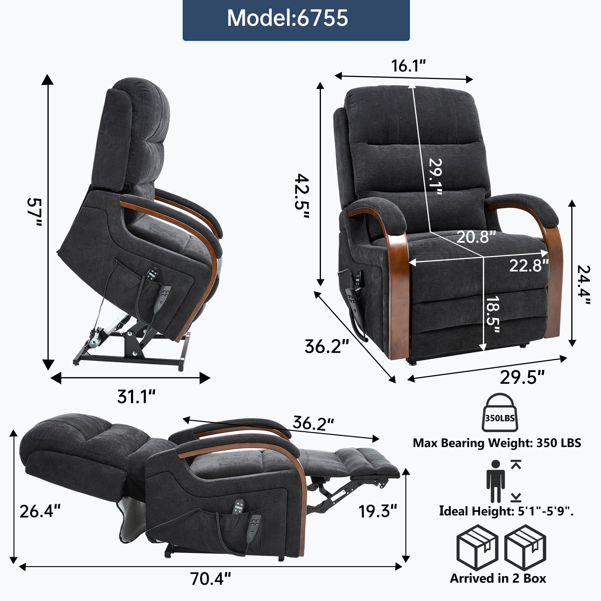 Power Black Chenille Lift Recliner Chair Dual Motor Infinite Position Up to 350 LBS with Solid Wood Armrests, Heat Massage and Heavy Duty Motion Mechanism