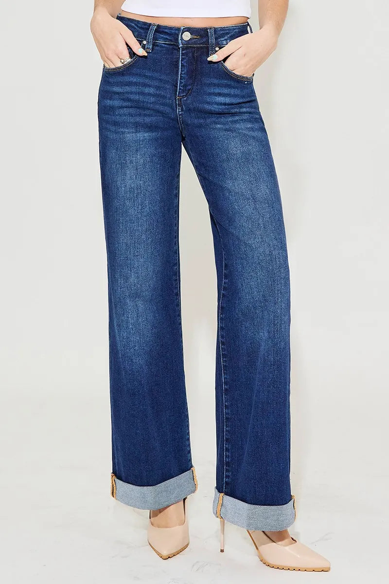 RISEN Full Size Tummy Control High Rise Wide Leg Cuffed Jeans Plus Size