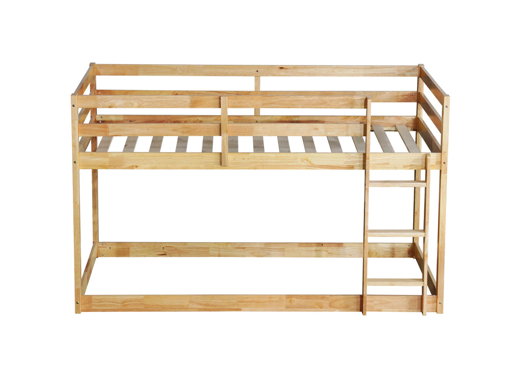 Solid Wooden, Solid Rubber Wooden Twin over Twin Floor Bunk Bed with Ladder, with Bed Platform of Strengthened Slats  , Natural