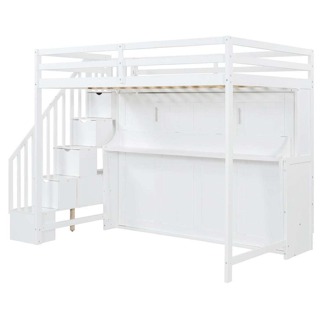 Full Over Full Size Murphy Bed with Hydraulic Lift & Desk Design, White