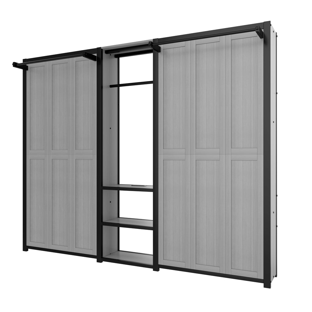 Twin and Twin Murphy Bed, Metal Foldable Murphy Bed with Wardrobe, Shelves and Power Outlets, 2 in 1 Design, Space-saving, Gray