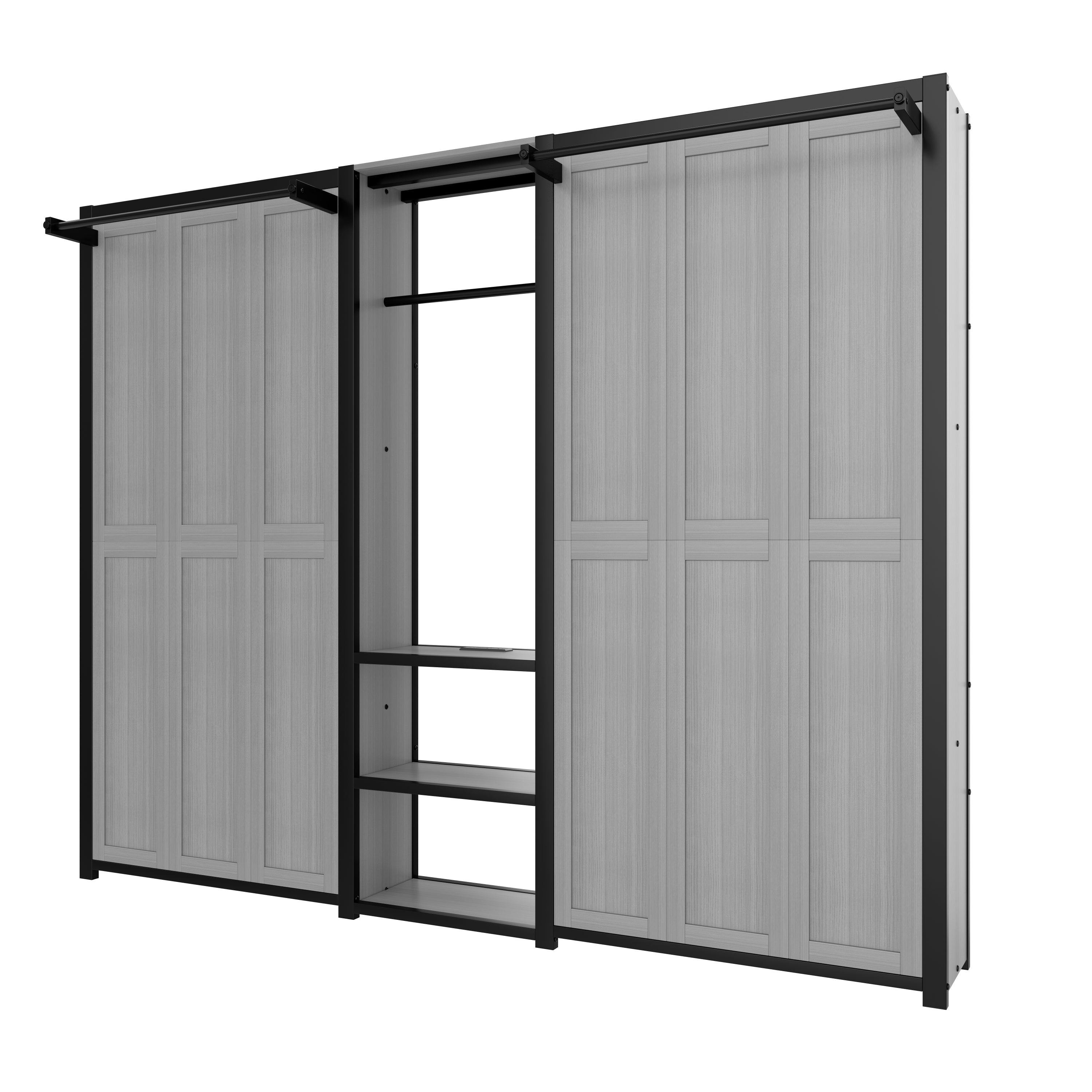 Twin and Twin Murphy Bed, Metal Foldable Murphy Bed with Wardrobe, Shelves and Power Outlets, 2 in 1 Design, Space-saving, Gray