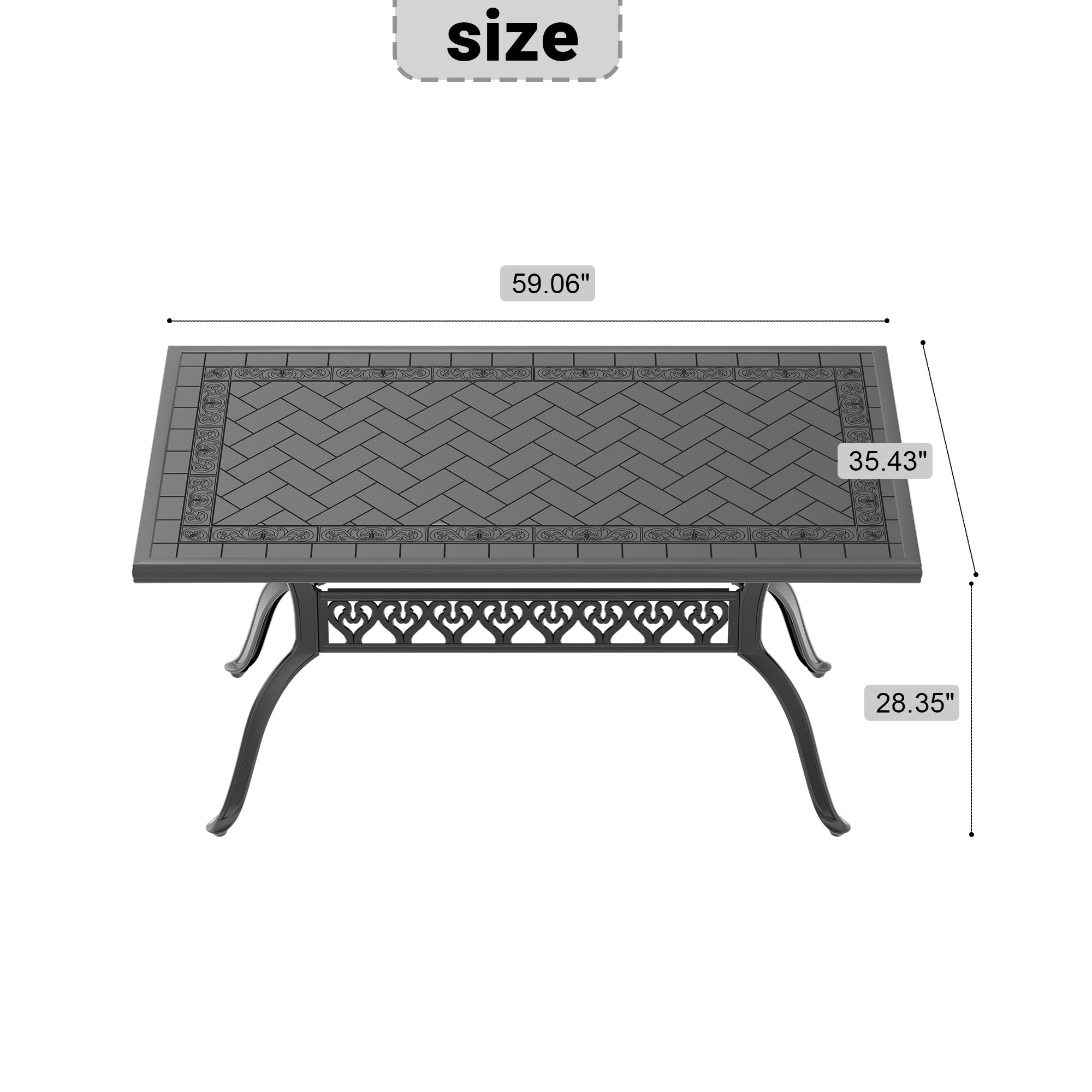 L59.05*W35.43-inch Cast Aluminum Patio Dining Table With Black Frame and Carved Texture on the Tabletop