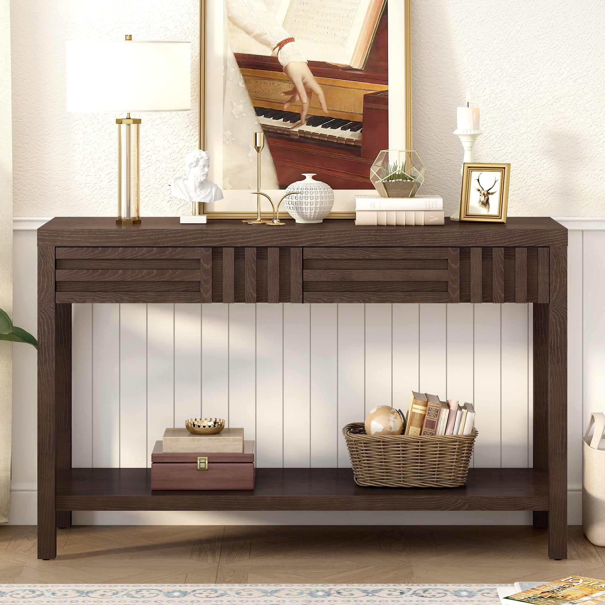 U_STYLE Modern Ash Veneer Console Table, Classic Striped Design, with 2 Drawers & Open Shelf, Perfect for Living Room, Hallway, Entryway, Study Room