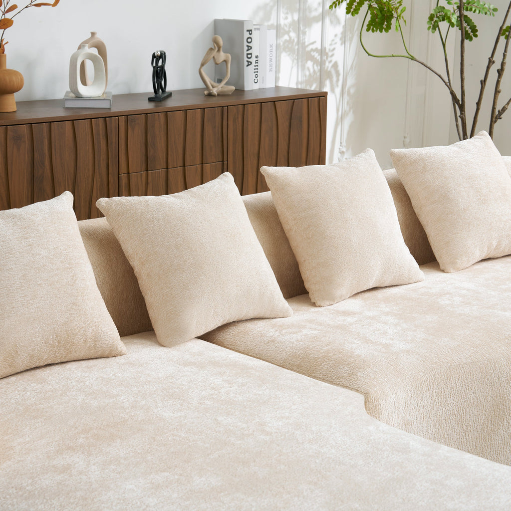 Full Compression L-Shape Sectional Sofa with Curved Chaise, Beige Modular Chenille Couch, High-Density for Apartment Living Room