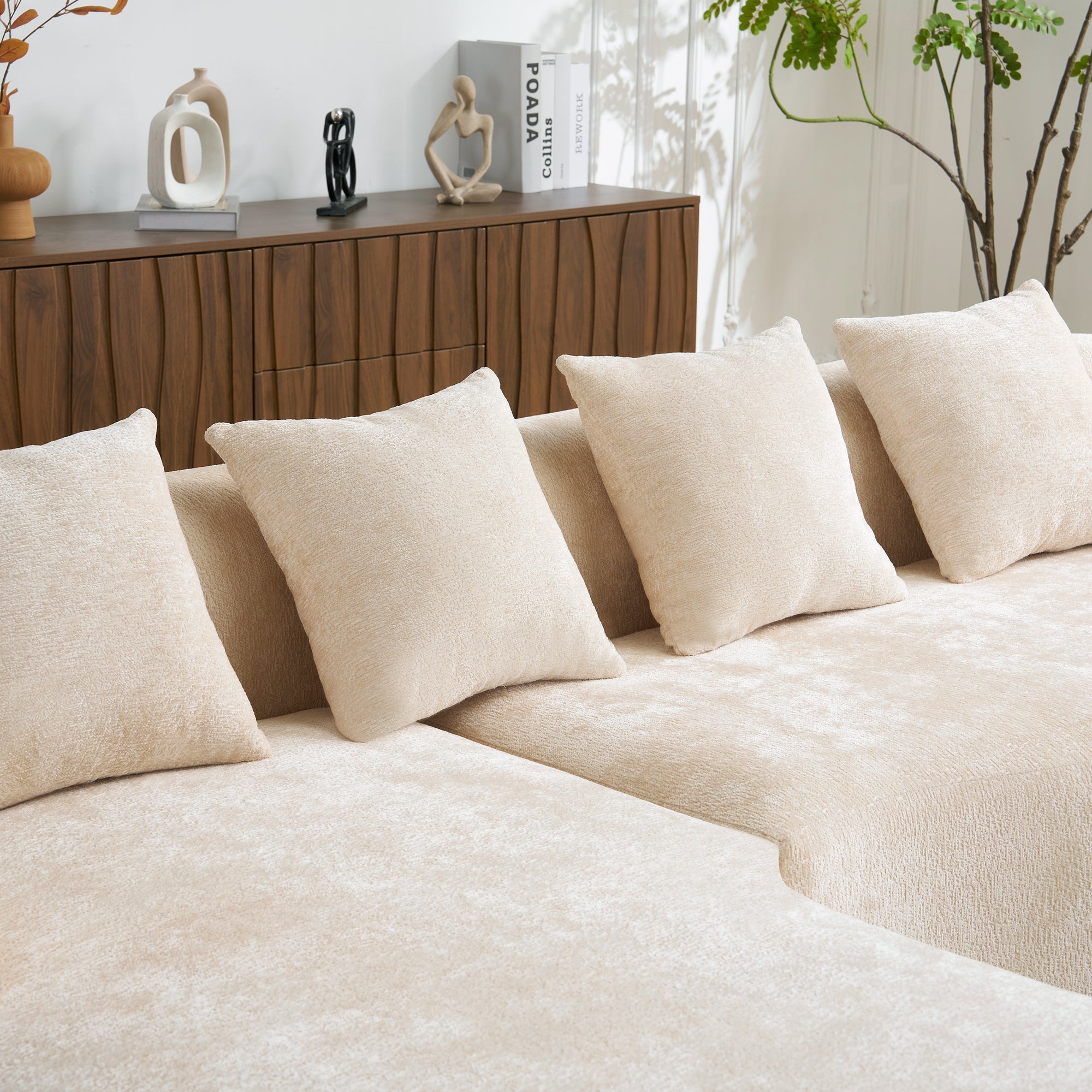Full Compression L-Shape Sectional Sofa with Curved Chaise, Beige Modular Chenille Couch, High-Density for Apartment Living Room
