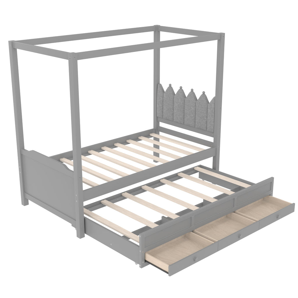 Twin Platform Bed with Upholstered Headboard,Twin Size Trundle and 3 Drawers,Princess Canopy Bed Frame for Kids,Storage & Easy Assembly,Gray