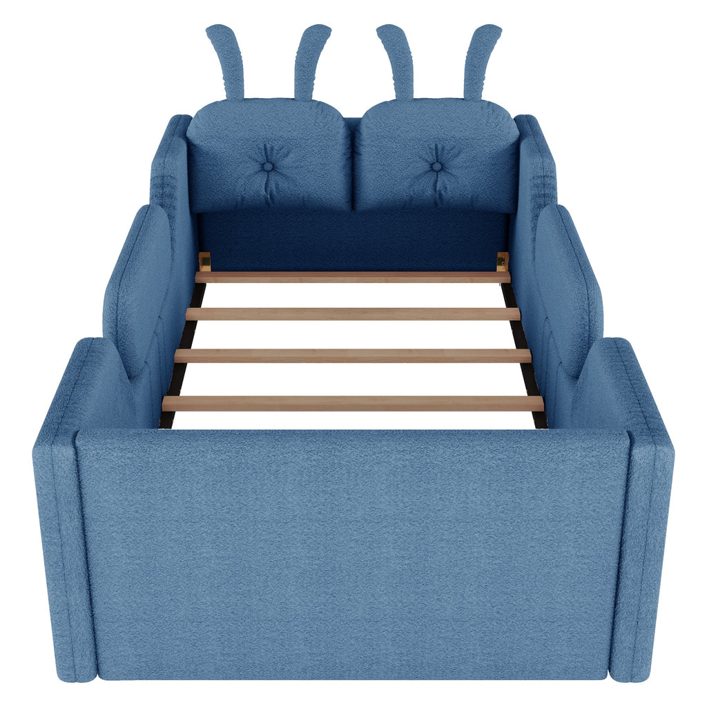 Twin Size Upholstered Platform Bed with Rabbit Cushion, Kids Floor Upholstered Bed with Removable Side Rails, Blue(Expect Arrival Date 2025/1/15)