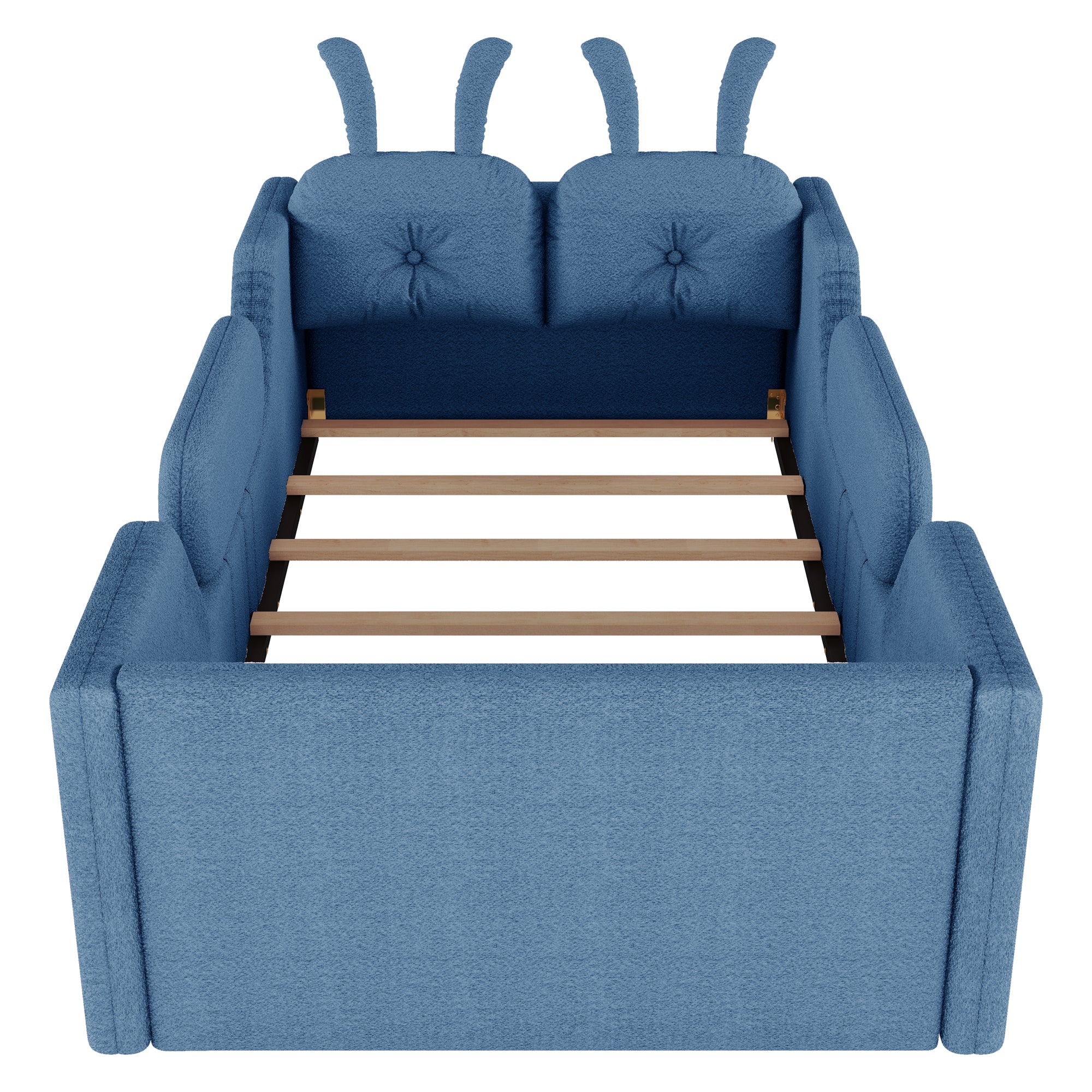 Twin Size Upholstered Platform Bed with Rabbit Cushion, Kids Floor Upholstered Bed with Removable Side Rails, Blue(Expect Arrival Date 2025/1/15)