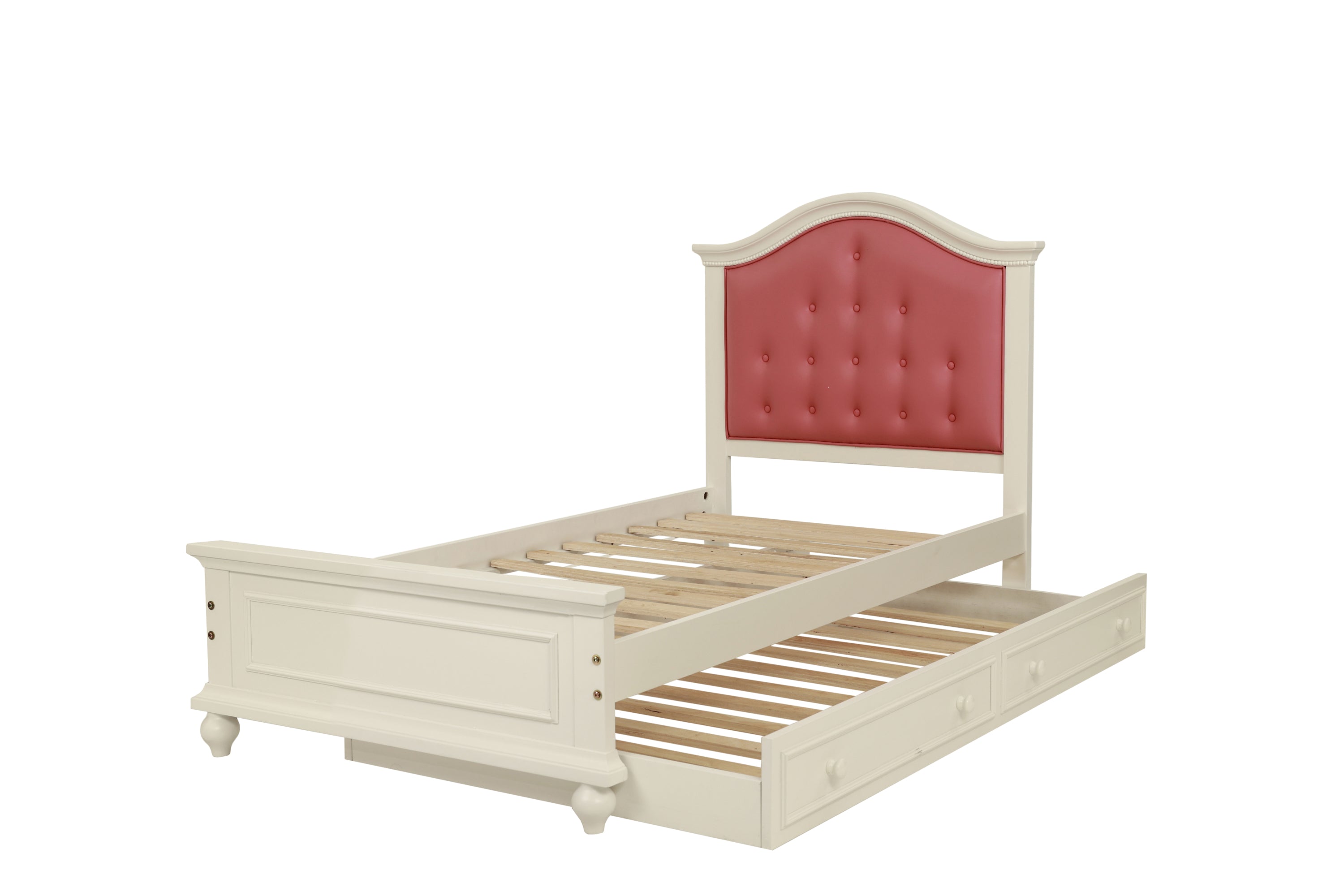 Contemporary Style Twin Size Bed w/ Trundle Slats Pine Plywood Kids Youth Bedroom Furniture Pink Faux Leather Tufted HB
