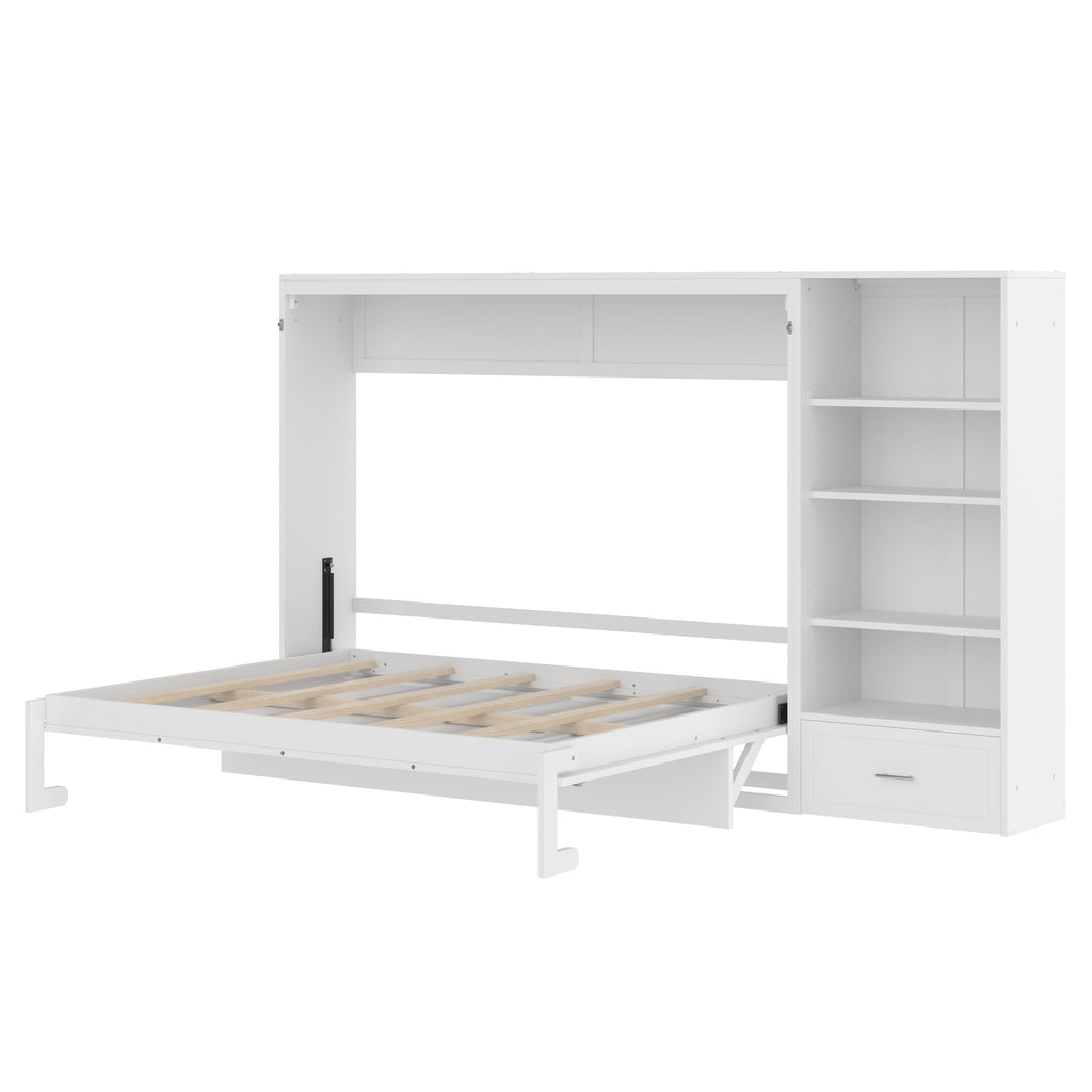 Queen Size Murphy Bed with Height Adjustable Storage Compartments and Shelf, Wall Bed Frame With 1 Drawer, Multifunctional Foldable Platform Bed for Small Space,Bedroom,Guest Room, White