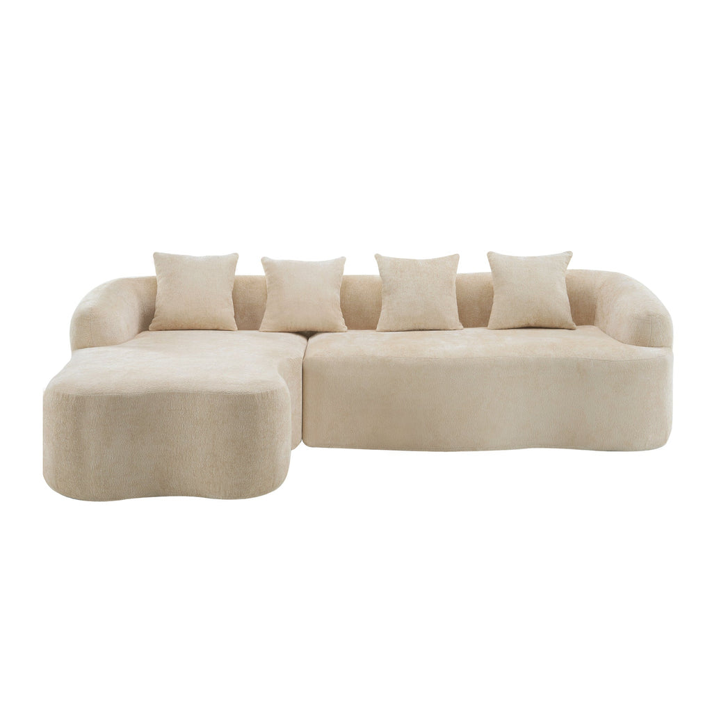 Full Compression L-Shape Sectional Sofa with Curved Chaise, Beige Modular Chenille Couch, High-Density for Apartment Living Room