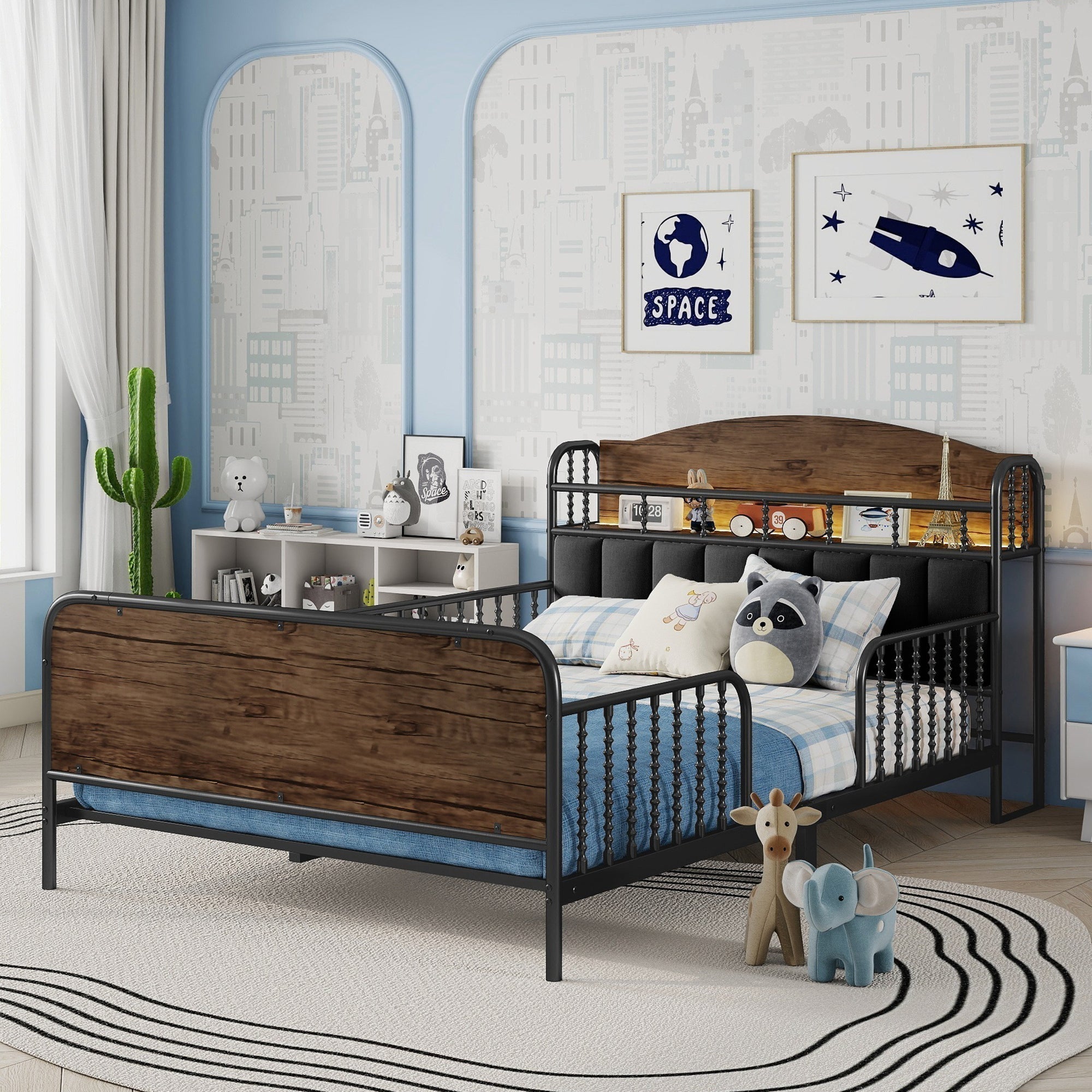 Full Size Metal Platform Bed Frame with Light, Kids Full Metal Bed with Upholstered and Storage Headboard, Black (Expect Arrival Date 2025/10/5)