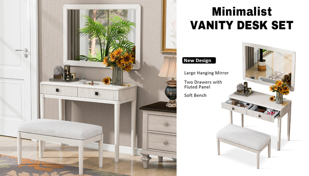 Modern Vanity Desk with Mirror, Adult Makeup Table Set with Stool, Home Office Desk, 2 Large Drawers, White