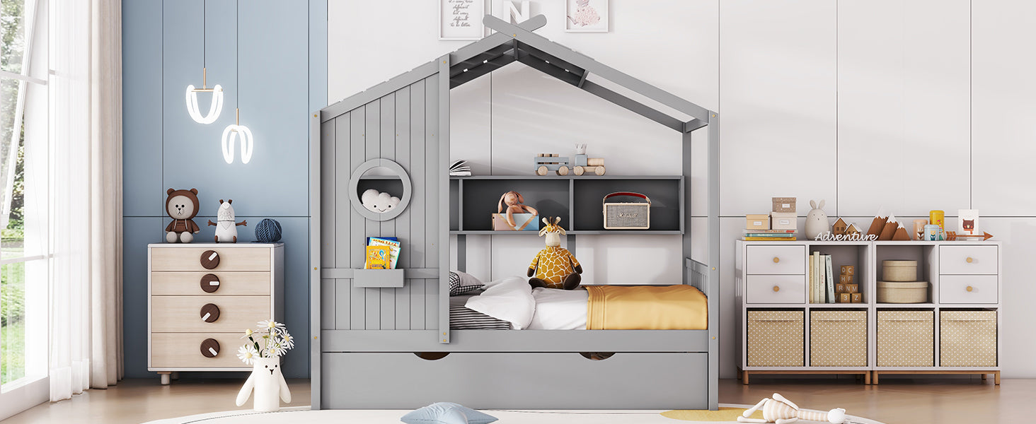 Wooden Full Size House Bed With Trundle, Modern Design for Kids with Storage Shlef, Gray(old SKU HL000095AAE)