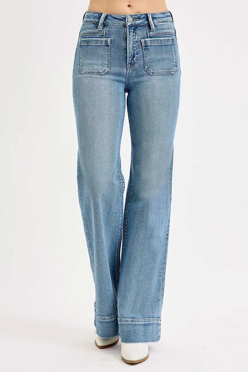 RISEN Full Size High Rise Wide Flare Patch Pocket Jeans Plus Size