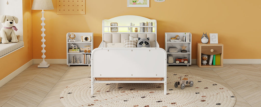 Twin Size Metal Platform Bed Frame with Light, Kids Twin Metal Bed with Upholstered and Pull Out Storage Shelves, White (Expect Arrival Date 2025/10/5)