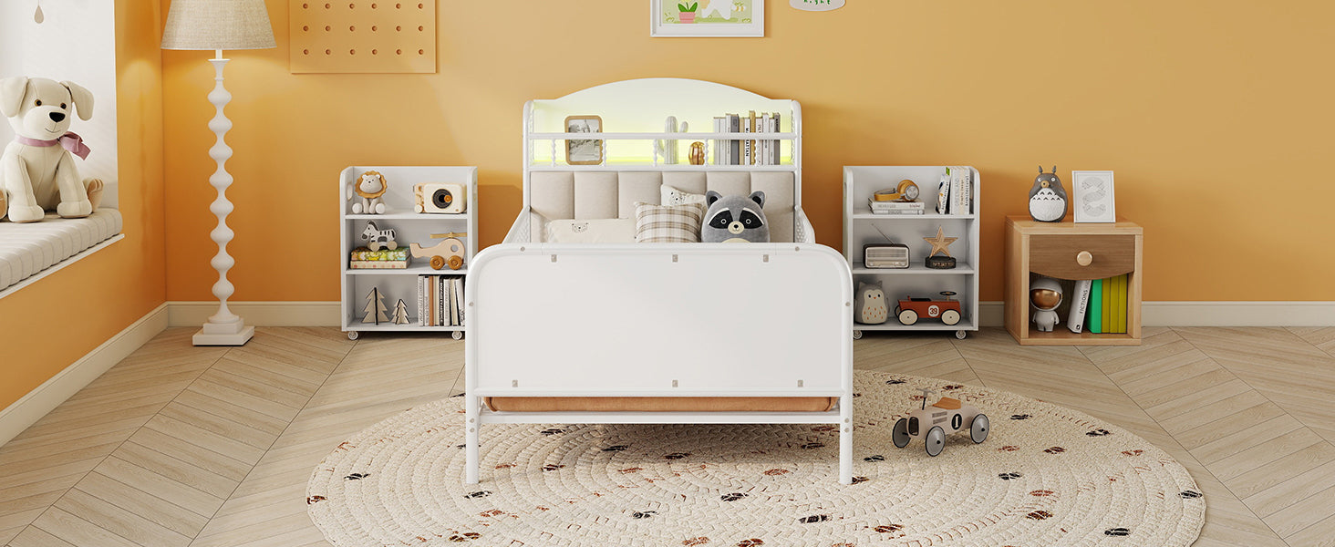 Twin Size Metal Platform Bed Frame with Light, Kids Twin Metal Bed with Upholstered and Pull Out Storage Shelves, White (Expect Arrival Date 2025/10/5)