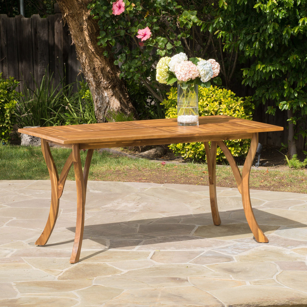 Outdoor Rectangular Table with Curved Legs and Perpendicular Wooden Slats Table Top, Teak