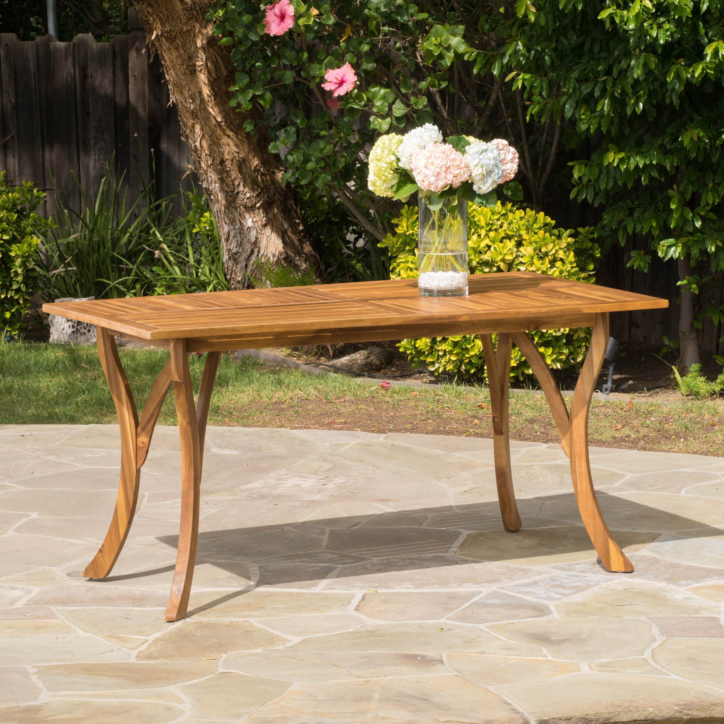 Outdoor Rectangular Table with Curved Legs and Perpendicular Wooden Slats Table Top, Teak