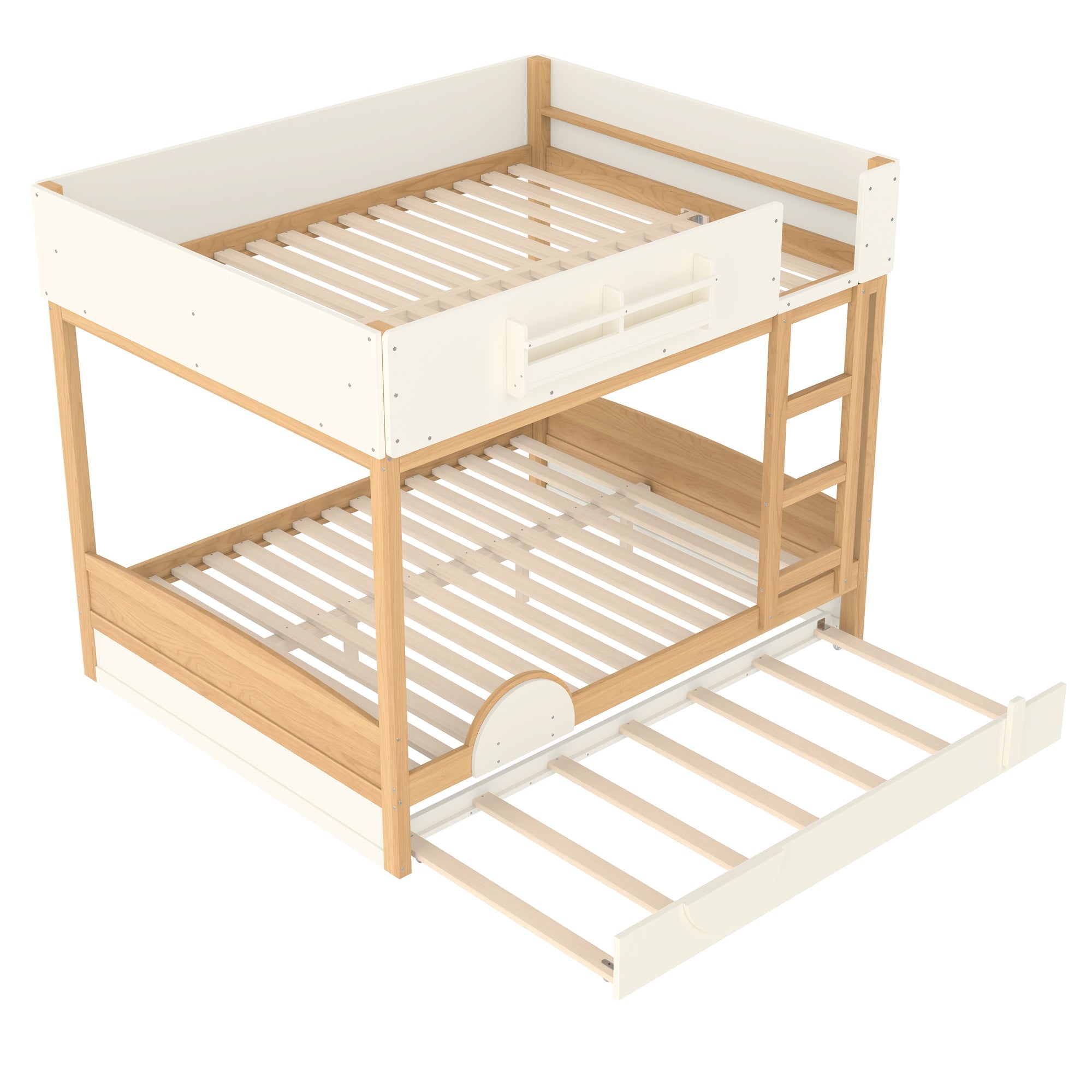 Queen Bunk Bed with Trundle , Wood Bunk Bed Frame with Built-in Bookshelf and High-quality Safety Guardrail,Automobile Form Design for Kids,Natural＆Beige