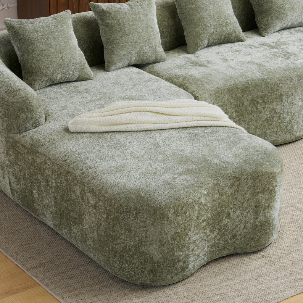 Full Compression L-Shape Sectional Sofa with Curved Chaise, Green Modular Chenille Couch, High-Density for Apartment Living Room