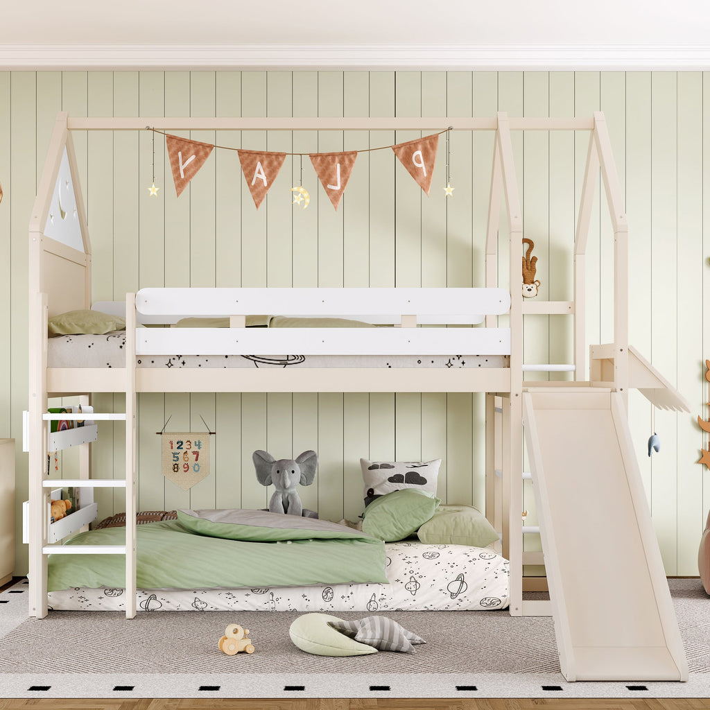 Twin Size Loft Bed with Bookshelf Playful Design for Kids House-Shaped Structure with Slide High-Quality Safety Rails,Beige