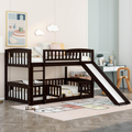Bunk Bed with Slide,Twin Over Twin Low Bunk Bed with Fence and Ladder for Kids Teens Espresso
